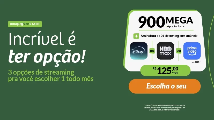 Internet 100% fibra de 900 mega com Disney+, HBO Max e Prime Video inclusos